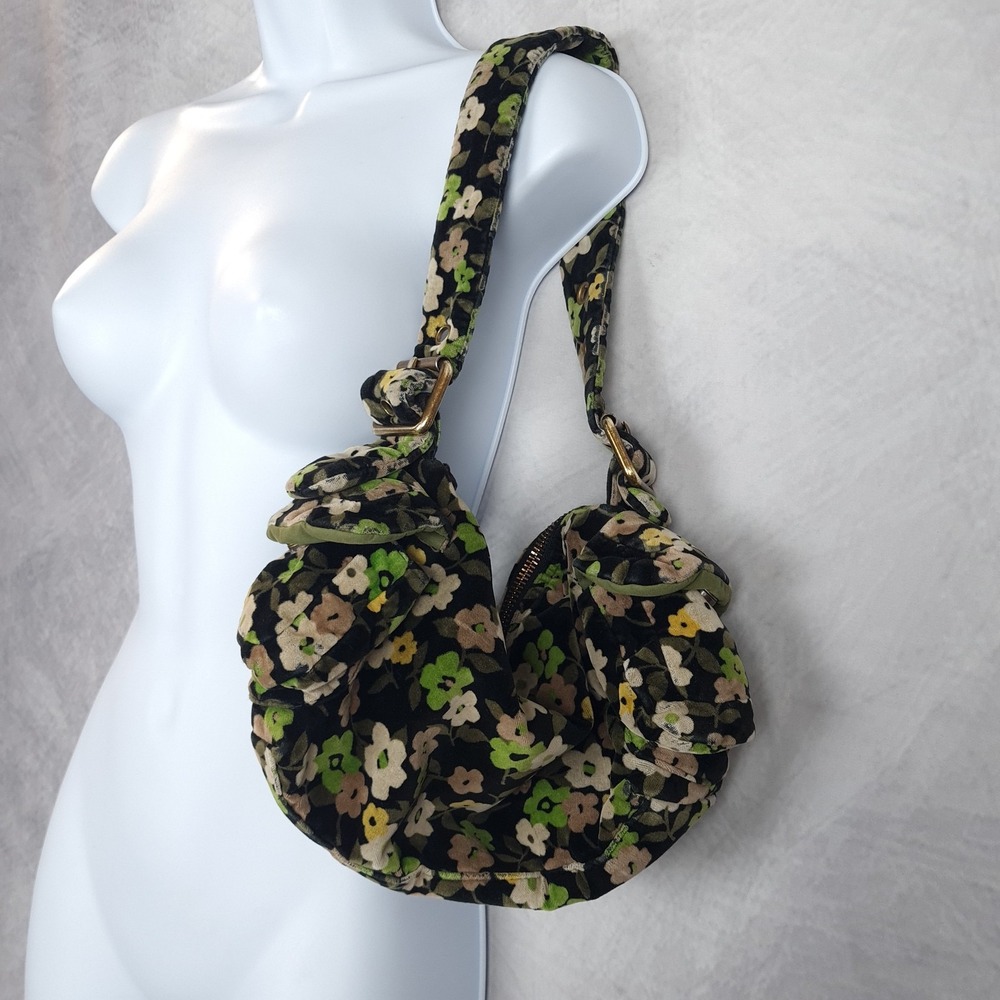 Vintage Y2K Gap Hobo Bag Womens Small Black Floral Cotton Velvet Green Lining